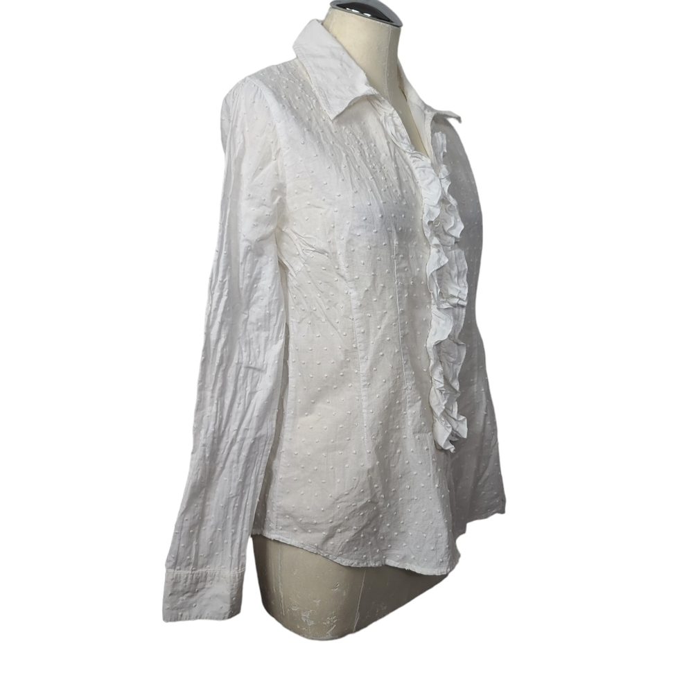 BCBGMAXAZRIA White Swiss Dot Ruffle Long Sleeve Button Down Blouse L - Picture 4 of 8